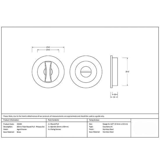 Plain Round Pull Privacy Set - Aged Bronze