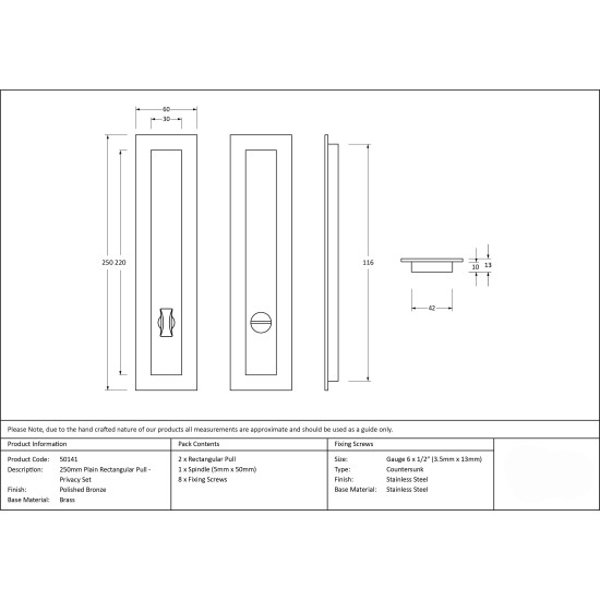 Plain Rectangular Pull Privacy Set - Polished Bronze