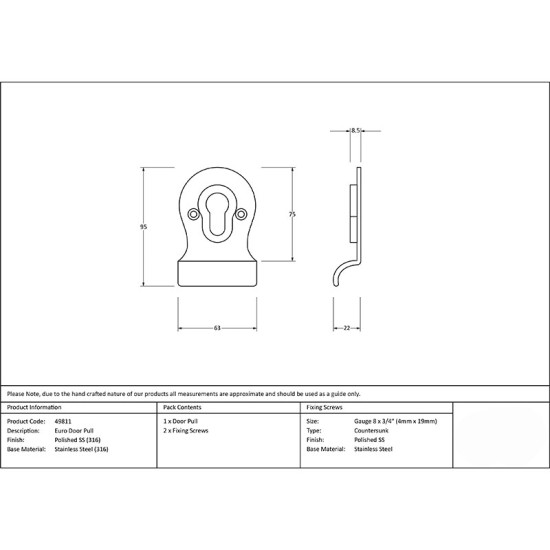Polished Marine Stainless Steel Euro Door Pull