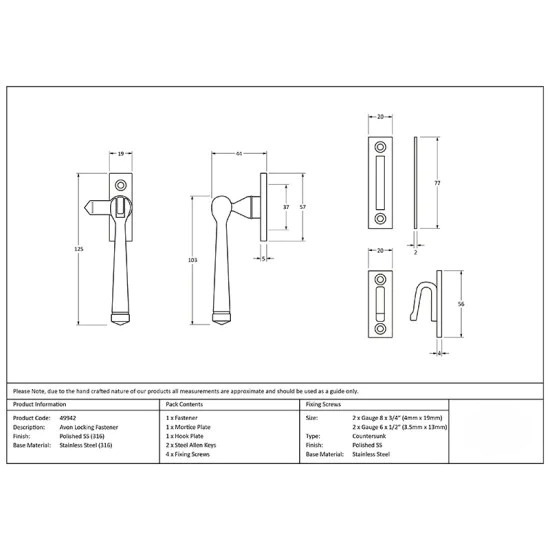 Locking Avon Casement Fastener - Polished Marine Stainless Steel