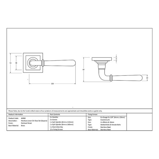 Newbury Lever on Square Rose Set - Polished Nickel