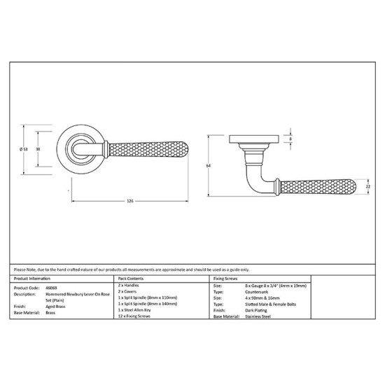 Hammered Newbury Lever on Round Rose Set - Aged Brass