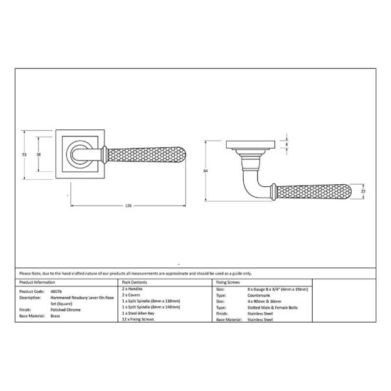 Hammered Newbury Lever on Square Rose Set - Polished Chrome