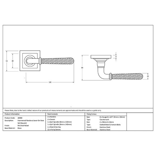 Hammered Newbury Lever on Square Rose Set - Polished Nickel