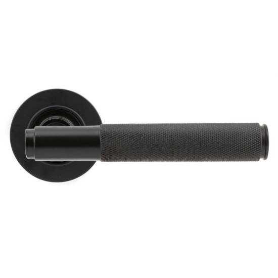 Brompton Sprung Lever Door Handle on Round Rose Set - Aged Bronze