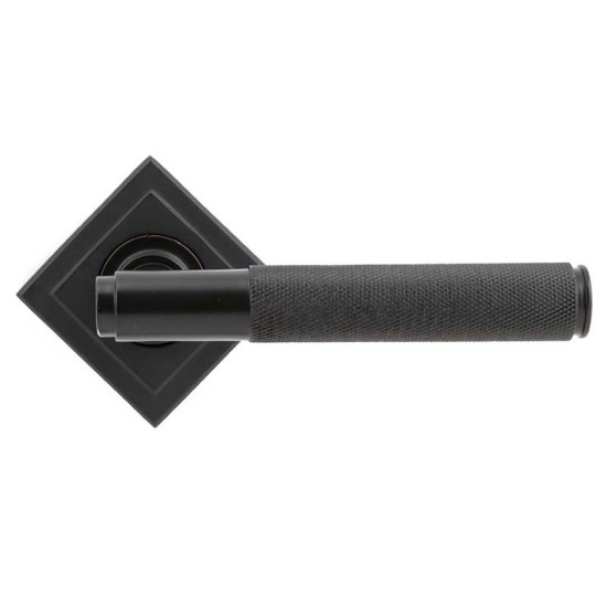 Brompton Sprung Lever Door Handle on Square Rose Set - Aged Bronze
