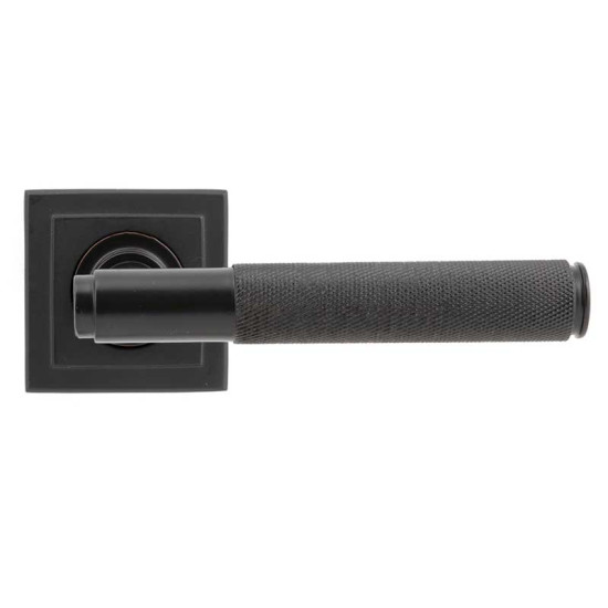 Brompton Sprung Lever Door Handle on Square Rose Set - Aged Bronze