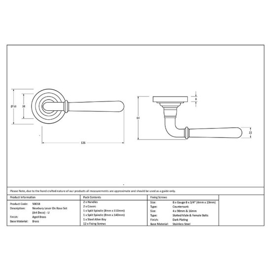 Aged Brass Newbury Lever on Art Deco Rose Set - Unsprung