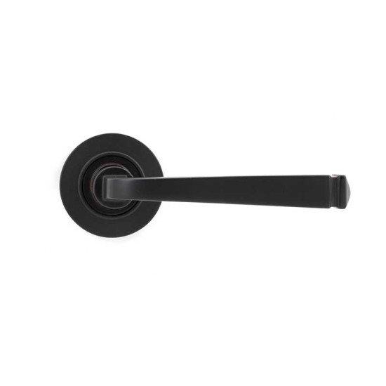 Avon lever door handle in aged bronze on a round rose (unsprung), shown angled against a white background