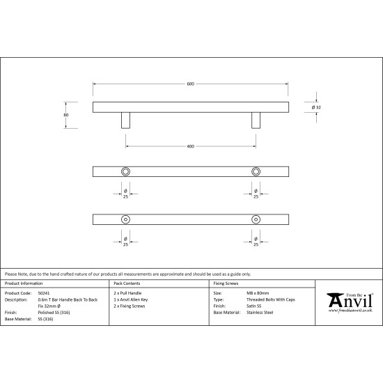 T Bar Handle with Back-to-Back Fixings - Polished Marine Stainless Steel