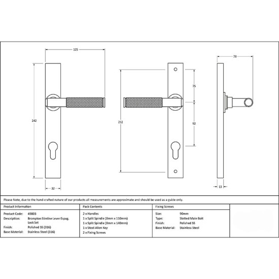 Brompton Slimline Sprung Lever Espagnolette - Polished Marine Stainless Steel