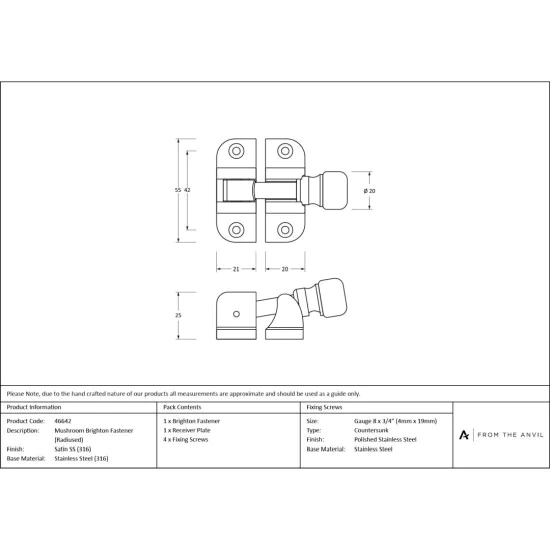 Satin Marine SS (316) Mushroom Brighton Fastener (Radiused)