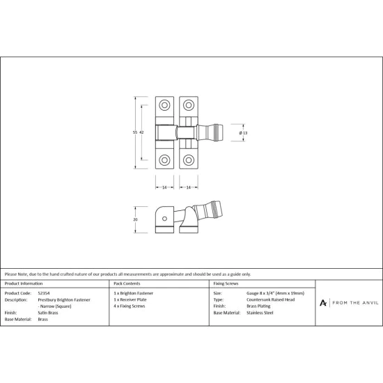 Satin Brass Prestbury Brighton Fastener - Narrow (Square)