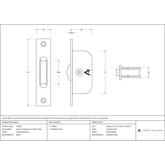 Burnished Brass Square Ended Sash Pulley 75kg