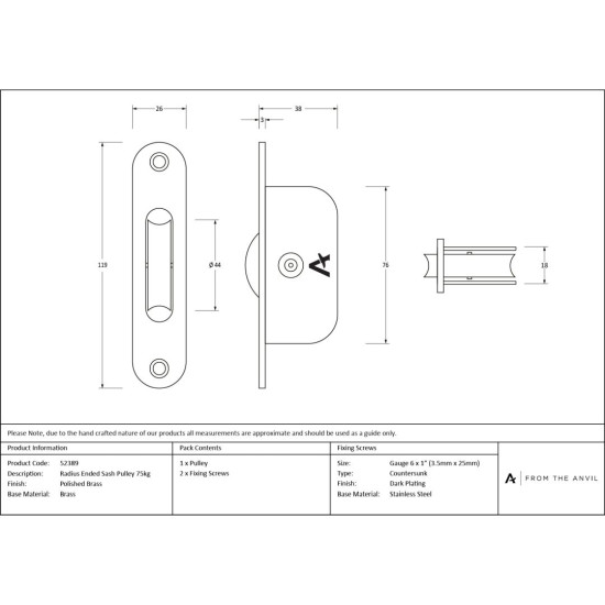 Polished Brass Radiused Sash Pulley 75kg