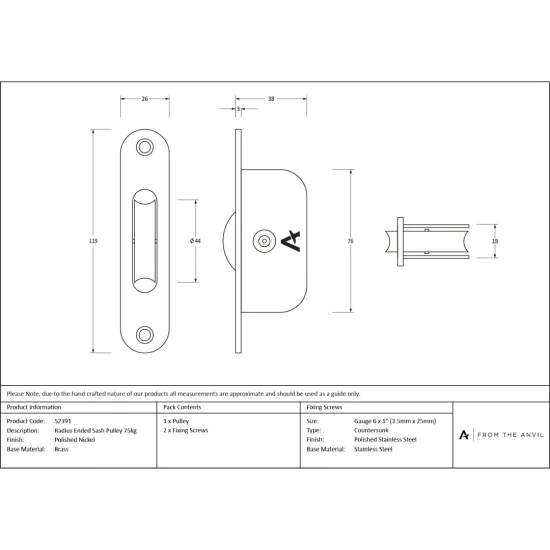 Polished Nickel Radiused Sash Pulley 75kg
