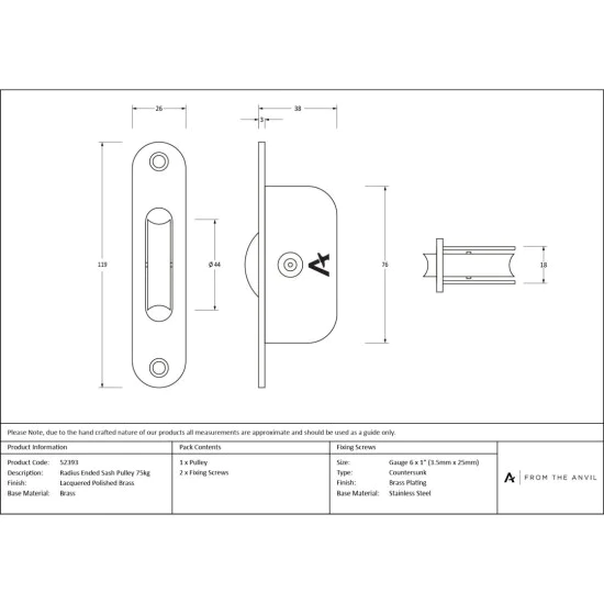 Lacquered Brass Radiused Sash Pulley 75kg