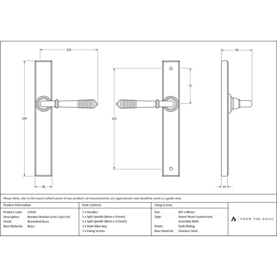 Burnished Brass Reeded Slimline Lever Latch Set
