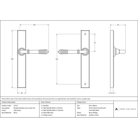 Satin Brass Reeded Slimline Lever Latch Set