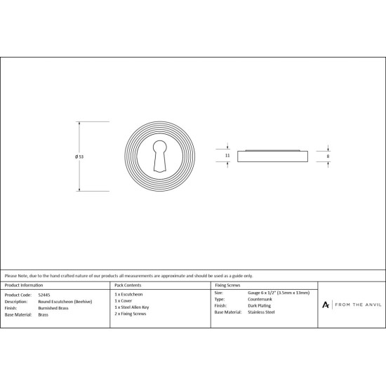 Burnished Brass Round Escutcheon (Beehive)