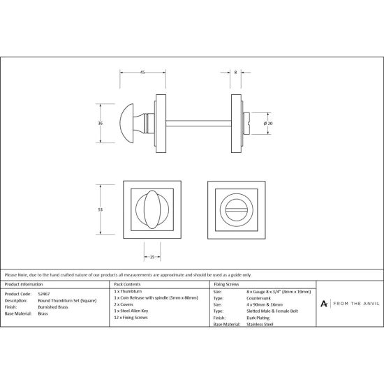 Burnished Brass Square Bathroom Thumbturn Set