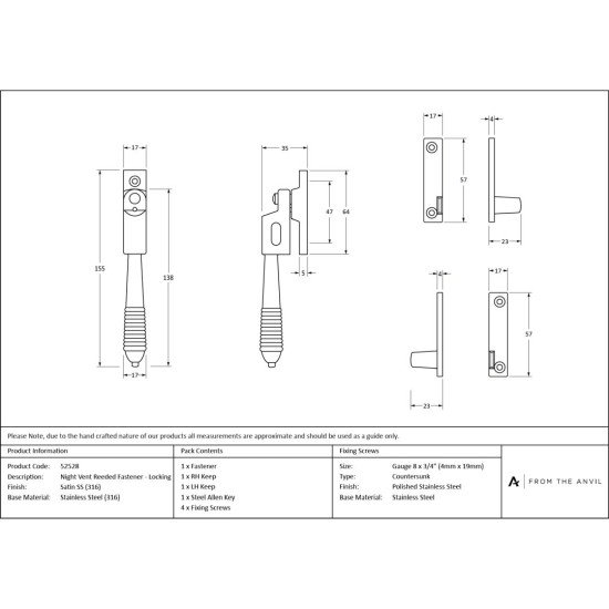 Satin Marine SS (316) Night-Vent Locking Reeded Fastener