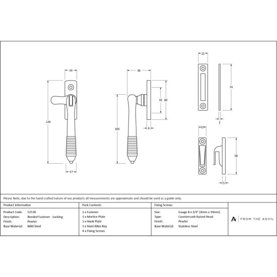 Locking Reeded Casement Fastener - Pewter