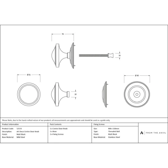 Art Deco Centre Door Knob Matt Black