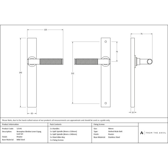 Brompton Slimline Lever Espagnolette Latch Set Pewter