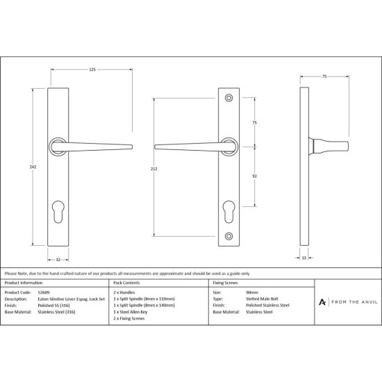 Eaton Slimline Lever Espagnolette Lock Set - Polished Marine Stainless Steel
