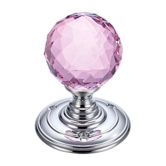 Facetted Pink Glass Ball Door Knobs on Polished Chrome Roses