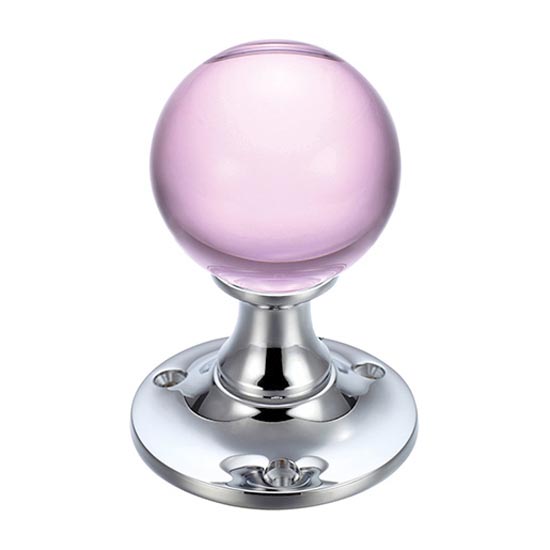 Pink Glass Ball Door Knobs on Plain Polished Chrome Roses