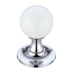 White Glass Ball Door Knobs on Plain Polished Chrome Roses