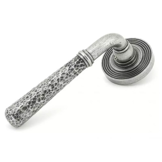 Blacksmith Pewter Patina Hammered Newbury Lever Door Handle on Beehive Rose Set - Sprung