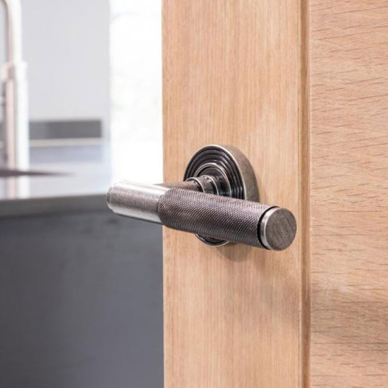Blacksmith Pewter Patina Brompton Lever Door Handle on Beehive Rose Set - Sprung