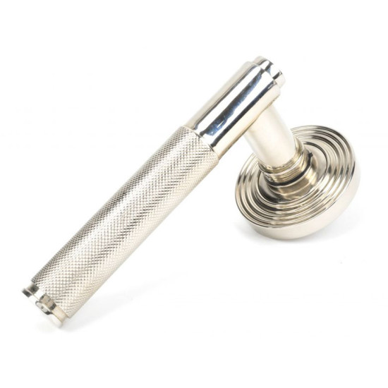 Brompton Sprung Lever Door Handle on Beehive Rose Set - Polished Nickel