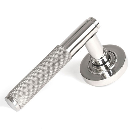 Brompton Sprung Lever Door Handle on Round Rose Set - Polished Marine Stainless Steel