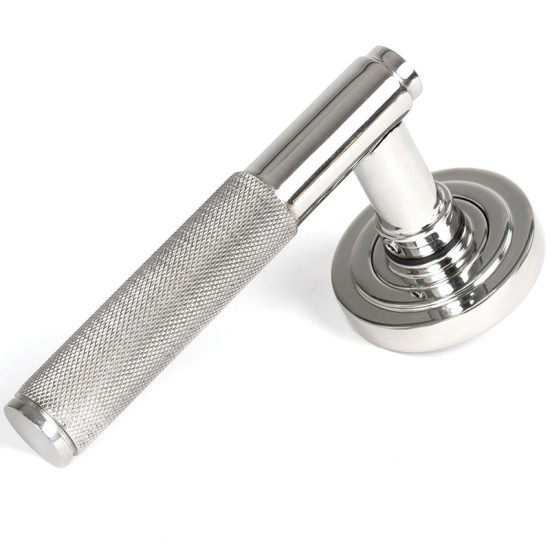 Brompton Sprung Lever Door Handle on Art Deco Rose Set - Polished Marine Stainless Steel