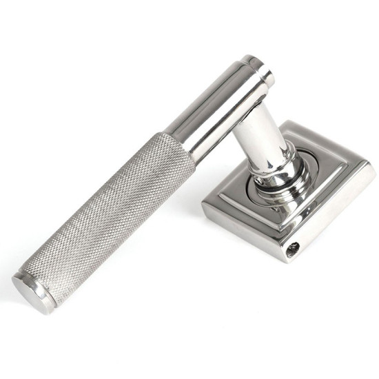 Brompton Sprung Lever Door Handle on Square Rose Set - Polished Marine Stainless Steel