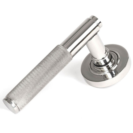 Brompton Unsprung Lever Door Handle on Round Rose Set - Polished Marine Stainless Steel
