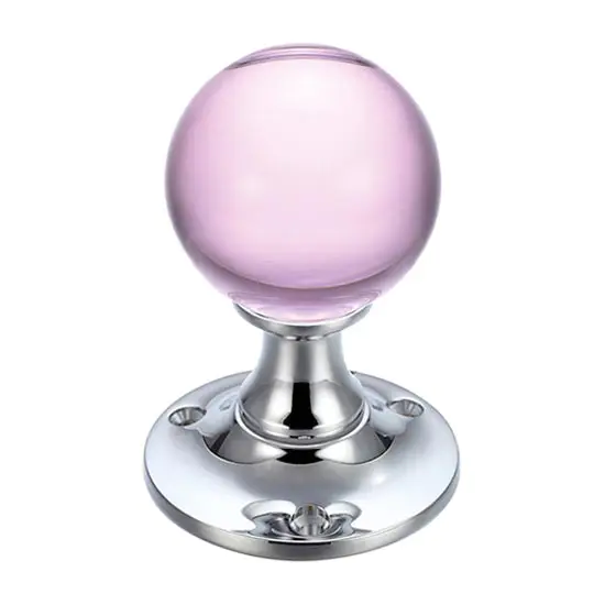 Pink Glass Ball Door Knobs on Plain Polished Chrome Roses