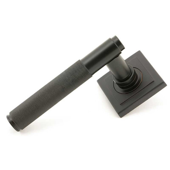 Brompton Sprung Lever Door Handle on Square Rose Set - Aged Bronze