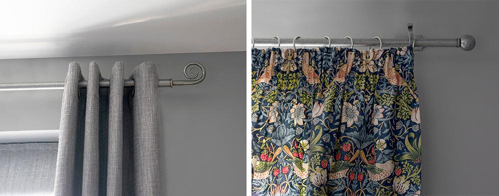 Eyelet and pleated curtains on pewter curtain poles