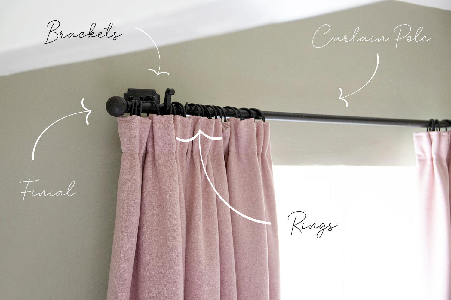 Beeswax curtain pole with matching ball finials, rings and brackets