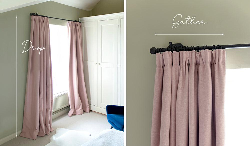 Drop and gather shown on curtains with black curtain pole