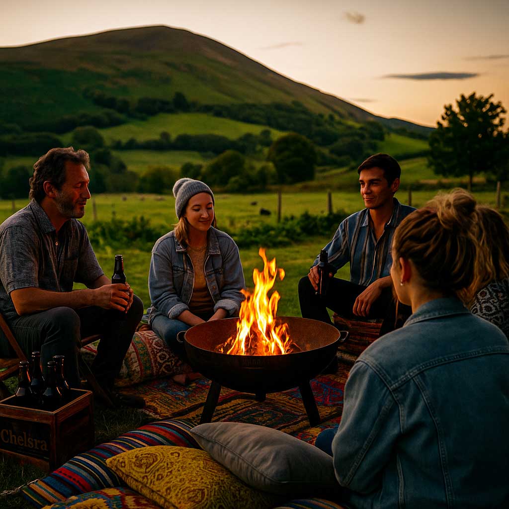 Friends gathered around a Kadai fire pit in the garden