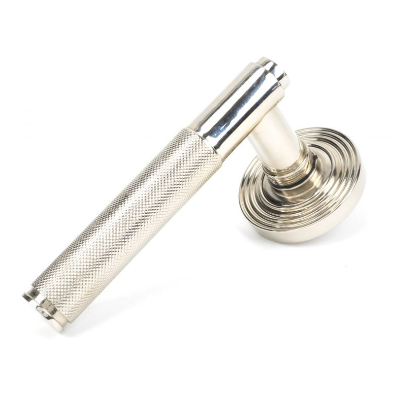Brompton Sprung Lever Door Handle on Beehive Rose Set - Polished Nickel