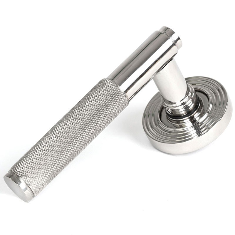 Brompton Unsprung Lever Door Handle on Beehive Rose Set - Polished Marine Stainless Steel