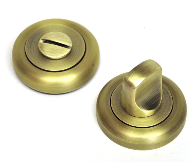 Bathroom Door Turn Knob with a Radius Edge Rose  - Matt Antique Brass Finish