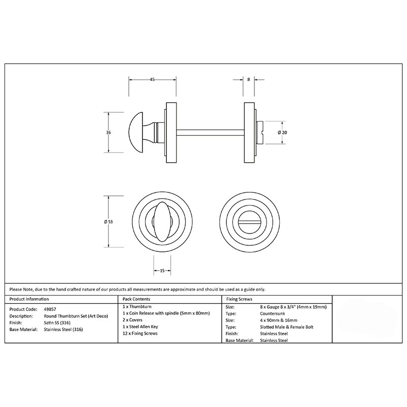From The Anvil Satin Marine Stainless Steel Art Deco Bathroom Thumbturn 49857